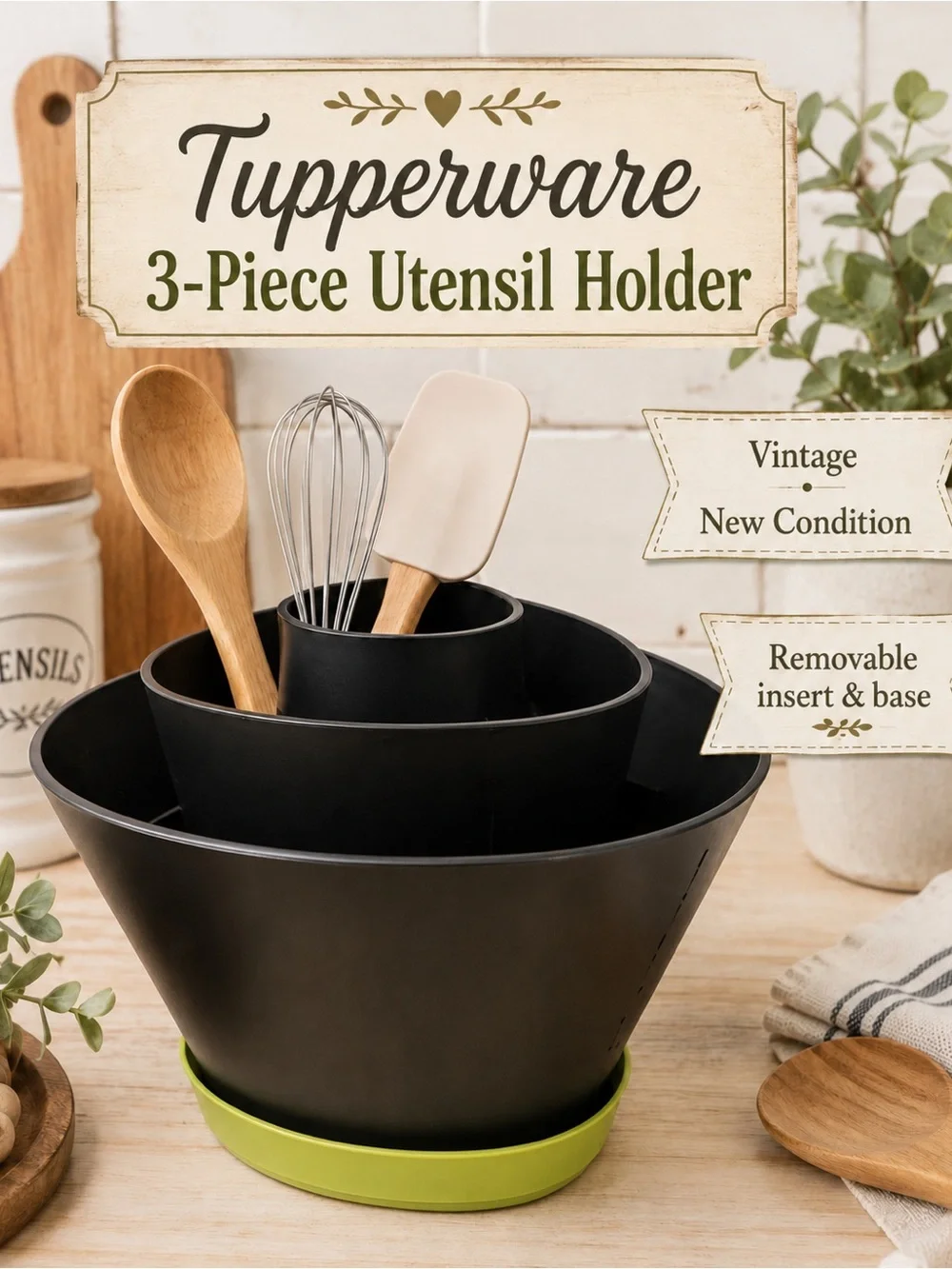 Tupperware Black Utensil Organizer with Lime Green Base